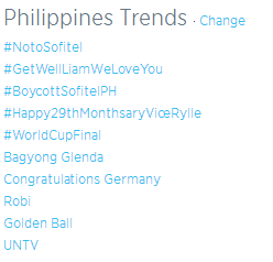 The hashtags #NotoSofitel and #BoycottSofitelPH landed in the top 1 and 3 spots of Philippines trends, respectively.